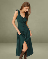 Green Ruched A-Line Sleeveless Maxi Dress