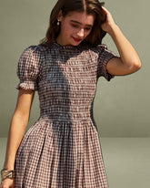 Brown Plaid Shirred Puffed Sleeve Mid-length Dress