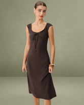 Brown Boat Neck Cap Sleeve Midi Dress