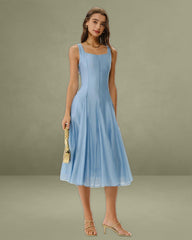 Blue Square Neck A-Line Sleeveless Midi Dress
