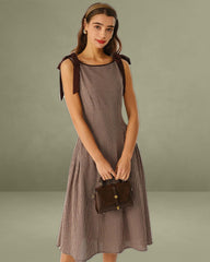 Brown Plaid Boat Neck A-Line Midi Dress