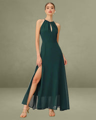 Green Chiffon Slit Floor-Length Dress