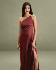 Red One-shoulder Satin Maxi Dress
