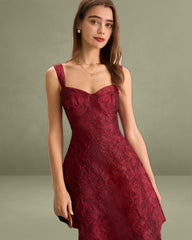 The Red Sweetheart Neck Jacquard Midi Dress