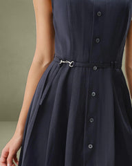 Navy Mock Neck High Waist Midi Dress