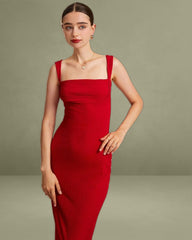 The Red Square Neck Ribbed Midi Dress