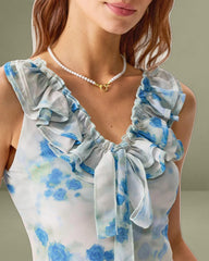 Blue Floral Ruffle V Neck Sleeveless Midi Dress