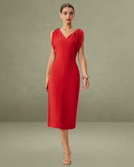 Red V Neck Sleeveless Midi Dress