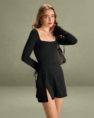 Women's Black Square Neck Long Sleeve Mini Dress