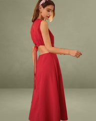 The Red Round Neck Cut-Out Midi Dress