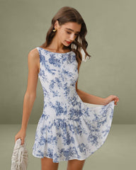 Blue Floral Boat Neck Sleeveless Mini Dress
