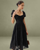 Black Square Neck Puffed Sleeve Midi Dress