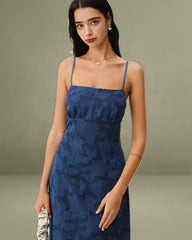 Navy Jacquard Backless Maxi Slip Dress