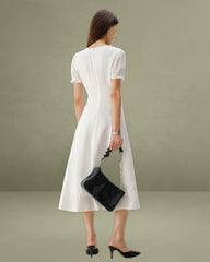 White Puffed Sleeve V Neck Midi Dress