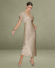 Apricot Satin V-Neck A-Line Midi Dress