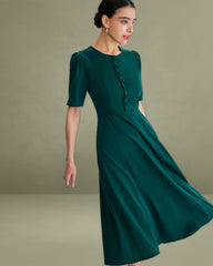 Green Puffed Sleeve Button Midi Dress
