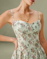 Green Floral Sweetheart Neck Pleated Slip Midi Dress