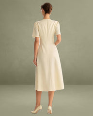 Beige Puffed Sleeve Button Midi Dress