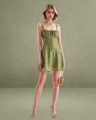 Green Floral Ruched Mini Slip Dress