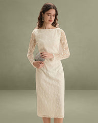 Apricot Lace Boat Neck Long Sleeve Midi Dress
