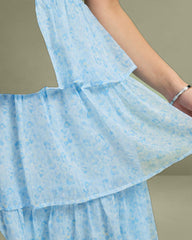 Blue Sweetheart Neck Tiered Midi Dress