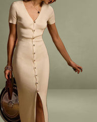 Apricot V Neck Bodycon Sweater Dress