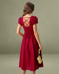 Wine Red Square Neck A-Line Mid-Length Dress