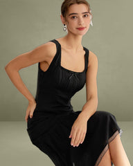 Black Square Neck Ruched Slip Midi Dress