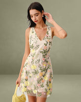 Yellow V Neck Floral Sleeveless Mini Dress