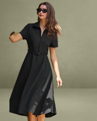 Black A-Line Belted Midi Dress