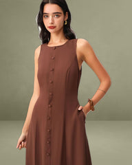 Brown Round Neck Button Sleeveless Maxi Dress