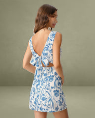Blue Floral Tie-back Slip Mini Dress