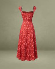 Red Floral Sweetheart Neck Cap Sleeve Midi Dress