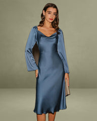 Blue Cowl Neck A-Line Midi Dress