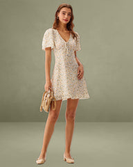 Yellow Floral V-Neck Mini Dress