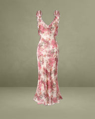 Pink Floral Ruffle Tie Strap Midi Dress