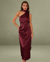 Wine Red Satin One Shoulder Maxi Dress