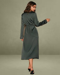 Green Satin Cowl Neck Slit Midi Dress
