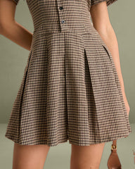 Brown Plaid Lapel Pleated Mini Dress