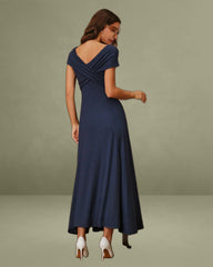 Navy V Neck Drop Shoulder A-Line Maxi Dress