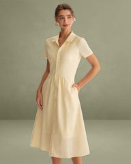 Yellow Button Short Sleeve Midi Dress