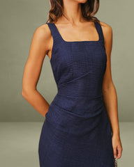 Navy Square Neck Slit Sleeveless Midi Dress