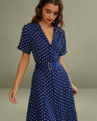 Blue Polka Dot Belted Midi Dress