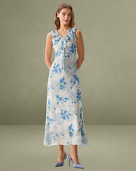 Blue Floral Ruffle V Neck Sleeveless Midi Dress