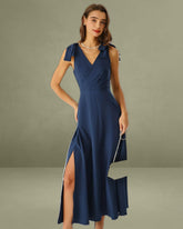 Navy Ruched Wrap A-Line Maxi Dress