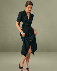 The Black V Neck Button Puff Sleeve Midi Dress