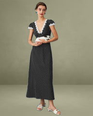 Black Polka Dot Lace Trim Maxi Dress