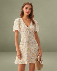 Yellow Floral V-Neck Mini Dress