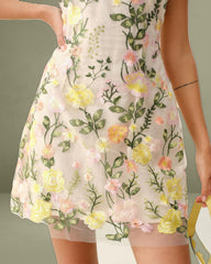 Yellow V Neck Floral Sleeveless Mini Dress