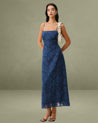 Navy Jacquard Backless Maxi Slip Dress